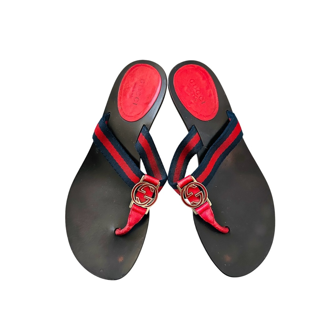 Gucci Black Red Navy Web Thong Sandals with Gold GG